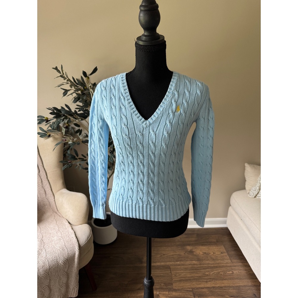 Ralph Lauren Sport Light Blue Cable Knit Cotton V-Neck Sweater Women's Size M